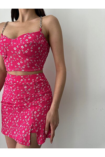 sencicollection Daisy Patterned Chain Strap Crop and Shorts Skirt Top and Bottom Set