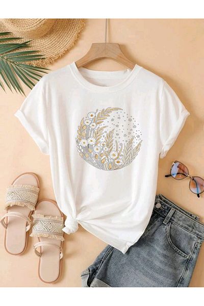 FAVORİST Tricou cu mânecă scurtă din bumbac, unisex, cu imprimeu Moon Star Daisy