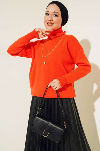 giyze Collar and Sleeve Ruffled Necklace Sweater Orange 5114