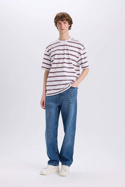 DeFacto 100% Cotton Boxy Fit Crew Neck Striped Short Sleeve T-Shirt E1160Ax25Sm