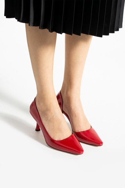 Güllü Shoes Işıltılı Kırmızı Vegan Deri | Kare Burun | 7 cm Topuk | Şıklığın ve Konforun Buluştuğu Ayakkabı