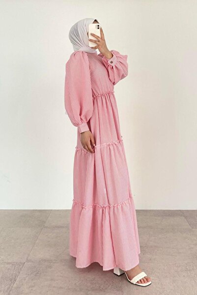 lamelif Pink Crew Neck Striped Hijab Dress