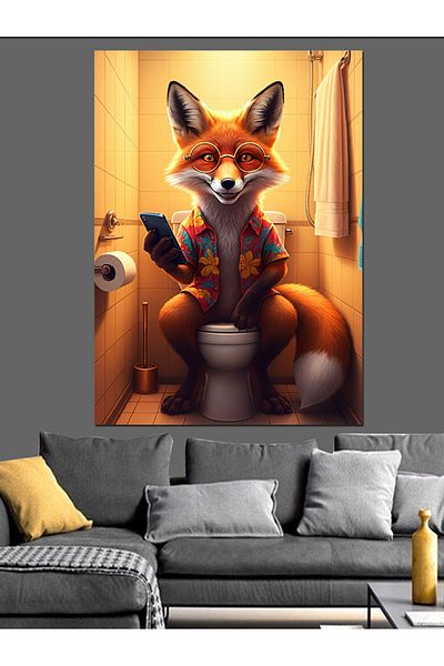 Tablomega Fox in the Toilet Decorative Canvas - Mdf Wooden Painting
