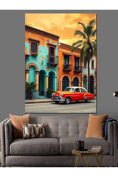 Tablomega Colorful Mediterranean Houses and Classic Car Decorative Canvas - Mdf Wooden Painting
