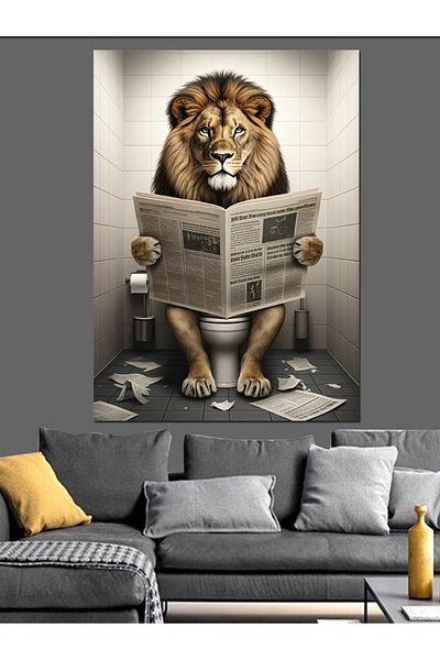 Tablomega Lion Reading Newspaper in Toilet Decorative Canvas - Mdf Wooden Painting