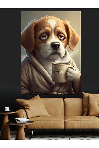 Tablomega Dog Enjoying Coffee Decorative Canvas - Mdf Wooden Painting