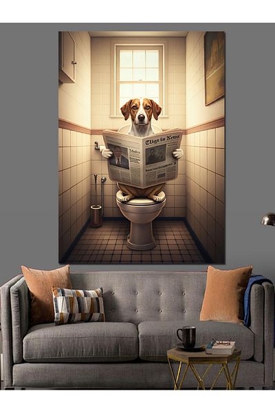 Tablomega Dog Reading Newspaper in the Toilet Decorative Canvas - Mdf Wooden Painting
