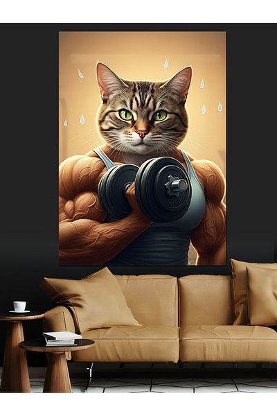 Tablomega Weight Lifting Cat Figure Decorative Canvas - Mdf Wooden Table