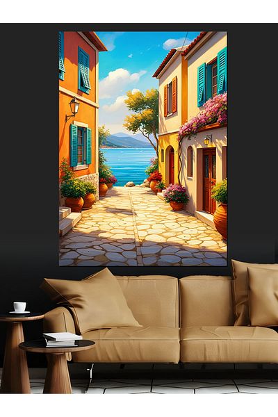 Tablomega Mediterranean Town and Colorful Houses Decorative Canvas - Mdf Wooden Painting