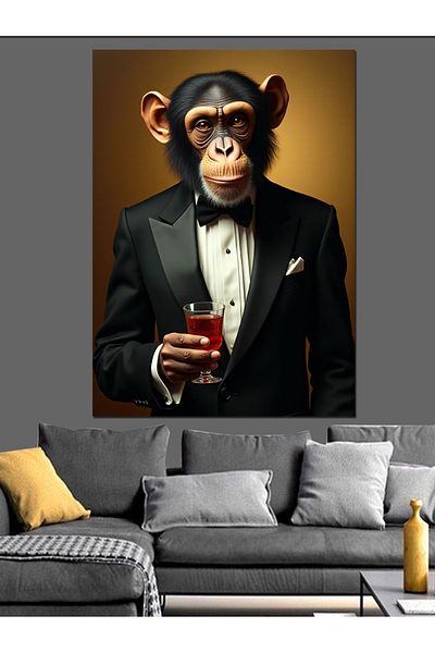 Tablomega Stylish Tuxedo Monkey and Tea Decorative Canvas - Mdf Wooden Painting