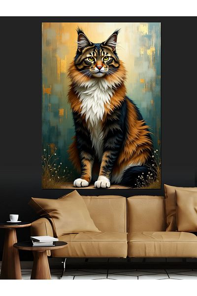 Tablomega Elegant Cat Posture Decorative Canvas - Mdf Wooden Table