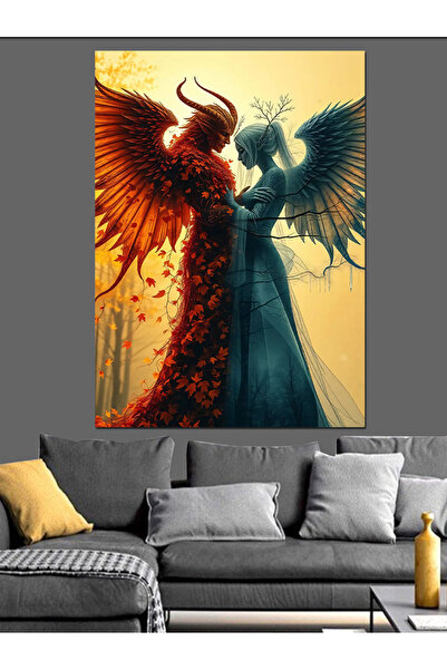 ekart Kanatlı Melek Ve Şeytan Figürü Dekoratif Kanvas - Mdf Ahşap Tablo