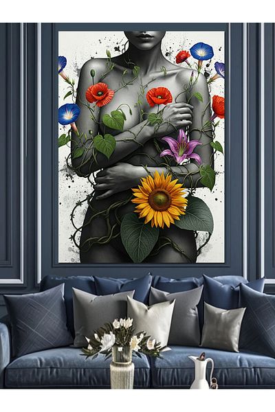 Tablomega Woman Portrait Decorative Canvas Created from Flowers - Mdf Wooden Painting
