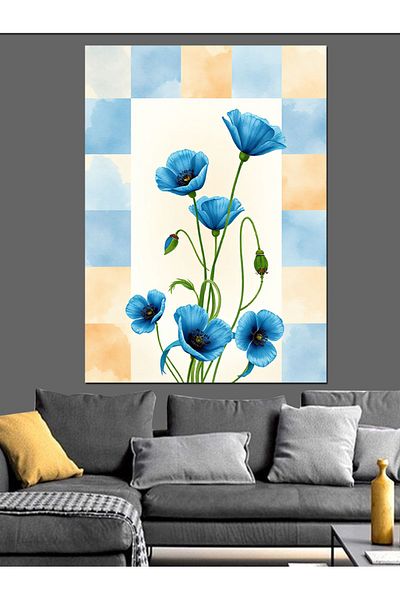 Tablomega Blue Flowers and Pastel Background Decorative Canvas - Mdf Wooden Painting