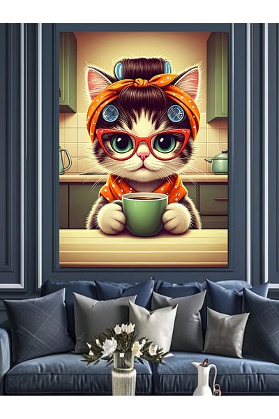 Tablomega Coffee Enjoying Cat Decorative Canvas - Mdf Wooden Painting