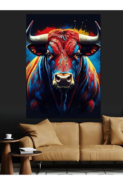 Tablomega Colorful Bull Portrait Decorative Canvas - Mdf Wood Table
