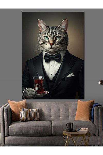 Tablomega Stylish Cat Holding Tea Decorative Canvas - Mdf Wooden Painting