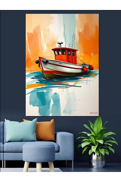 Tablomega Colorful Boat Decorative Canvas on the Sea - Mdf Wooden Painting