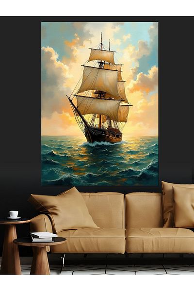 Tablomega Lonely Sailing Boat in the Sea Decorative Canvas - Mdf Wooden Painting