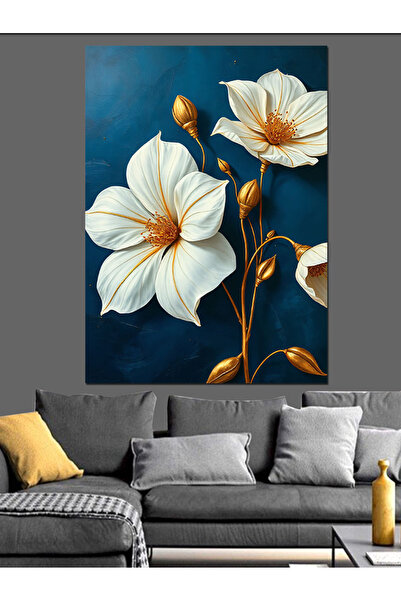 KanvasSepeti Flori albe cu detalii aurii Pictură în ulei Texturată Pânză de î...