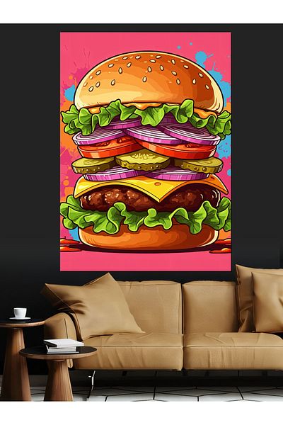 Tablomega Hamburger Themed Decorative Canvas - Mdf Wooden Table