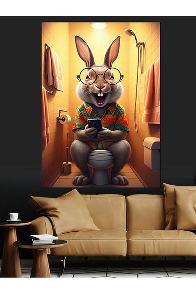 Tablomega Rabbit in the Toilet Decorative Canvas - Mdf Wooden Painting