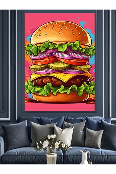 Tablomega Hamburger Themed Decorative Canvas - Mdf Wooden Table