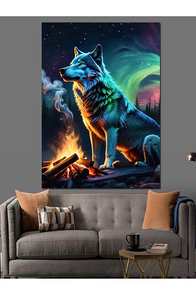 Tablomega Wolf under Fire and Northern Lights Decorative Canvas - Mdf Wooden Painting
