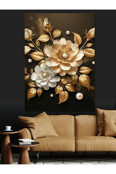 Tablomega Gold and White Flower Composition Decorative Canvas - Mdf Wooden Painting