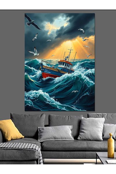 Tablomega Fishing Boat in Storm Decorative Canvas - Mdf Wooden Painting