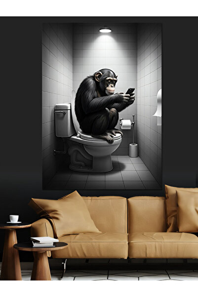 ekart Tuvalette Maymun Dekoratif Kanvas - Mdf Ahşap Tablo