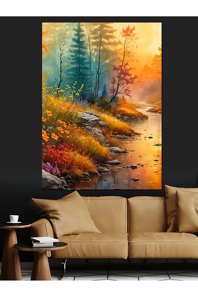 Tablomega Autumn Creek and Landscape Decorative Canvas - Mdf Wooden Painting
