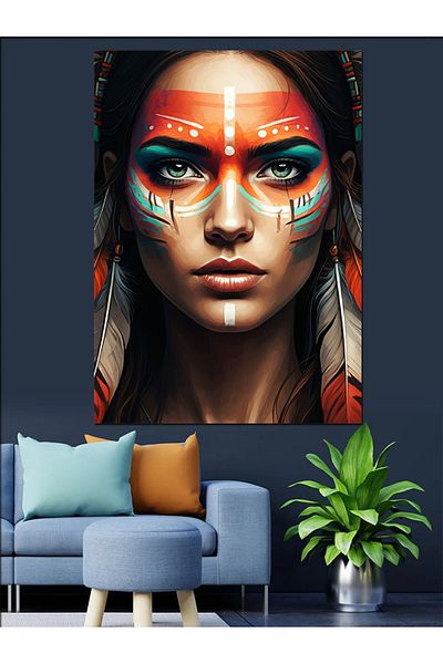 Tablomega Warrior Woman Decorative Canvas with Tribal Decoration - Mdf Wooden Painting