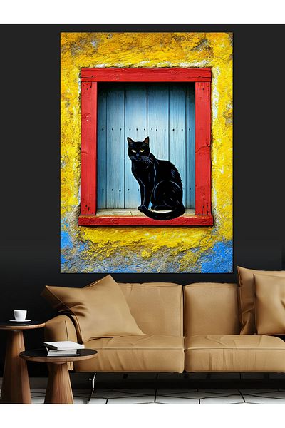 Tablomega Black Cat on the Window Decorative Canvas - Mdf Wooden Painting