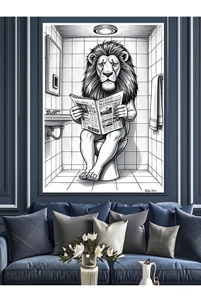 Tablomega Lion And Toilet Cartoon Decorative Canvas - Mdf Wood Table