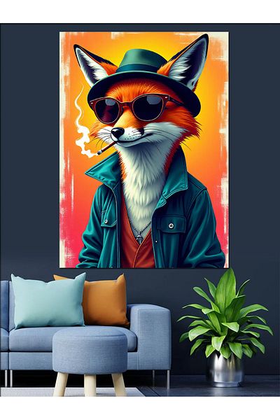 Tablomega Fox in Hat and Stylish Decorative Canvas - Mdf Wooden Painting