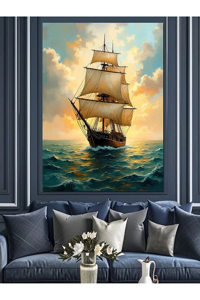 Tablomega Lonely Sailing Boat in the Sea Decorative Canvas - Mdf Wooden Painting