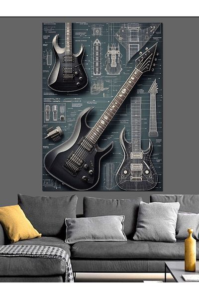 Tablomega Electric Guitar and Sketch Decorative Canvas - Mdf Wooden Painting