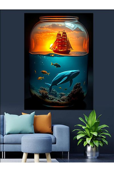 Tablomega Sea World Decorative Canvas in Glass Jar - Mdf Wooden Painting