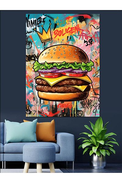Tablomega Graffiti Decorated Burger Decorative Canvas - Mdf Wood Table