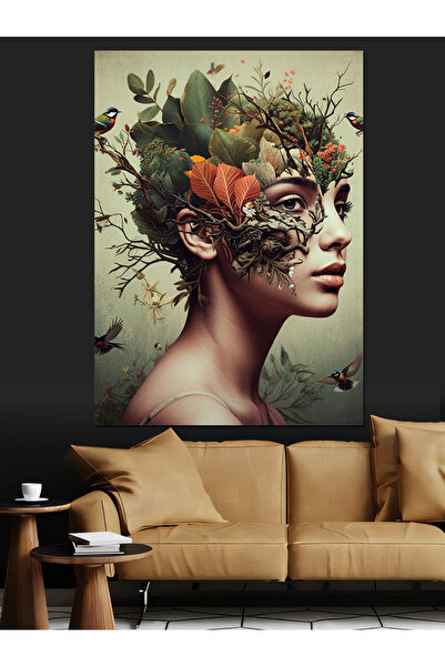 ekart Çiçekli Kadın Portresi Dekoratif Kanvas - Mdf Ahşap Tablo
