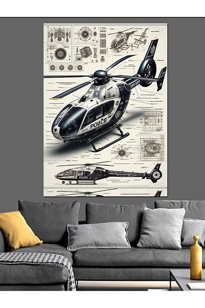 Tablomega Airborne Police Helicopter Decorative Canvas - Mdf Wooden Painting