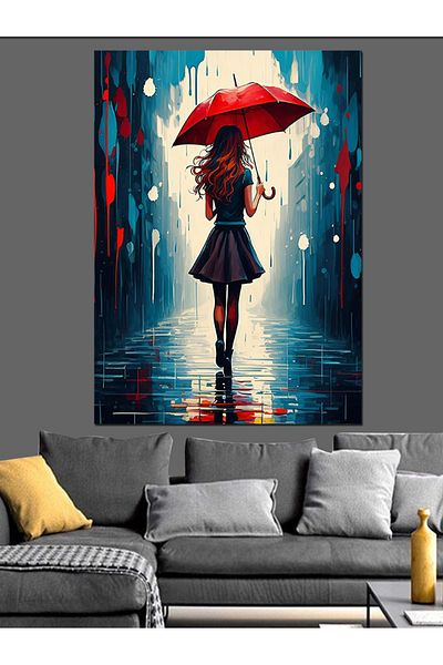 Tablomega Red Umbrella under Rain Decorative Canvas - Mdf Wooden Painting