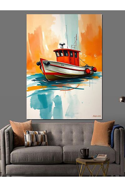 Tablomega Colorful Boat Decorative Canvas on the Sea - Mdf Wooden Painting