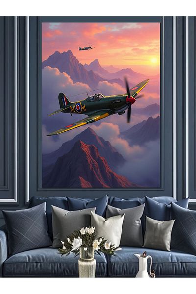 Tablomega Avion pe pânză decorativă la apus - pictură din lemn MDF