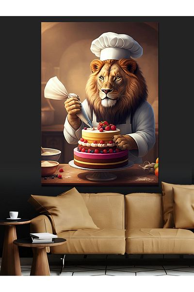 Tablomega Cook Lion's Cake Decorative Canvas - Mdf Wooden Painting