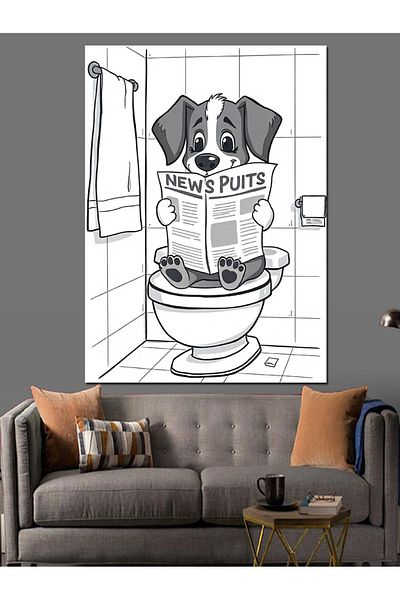 Tablomega Dog Reading Newspaper in the Toilet Decorative Canvas - Mdf Wooden Painting