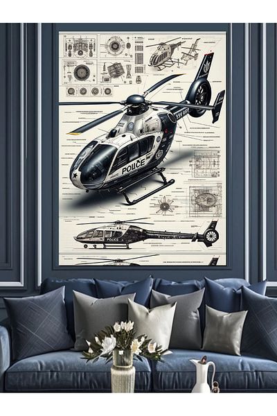 Tablomega Airborne Police Helicopter Decorative Canvas - Mdf Wooden Painting