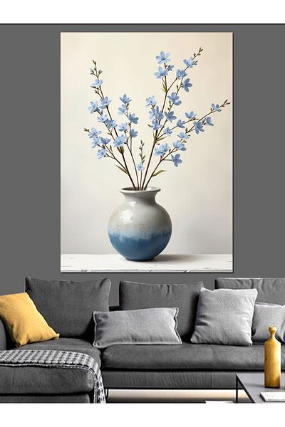 Tablomega Blue Flowers in Ceramic Vase Decorative Canvas - Mdf Wood Table