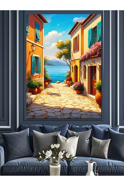 Tablomega Mediterranean Town and Colorful Houses Decorative Canvas - Mdf Wooden Painting